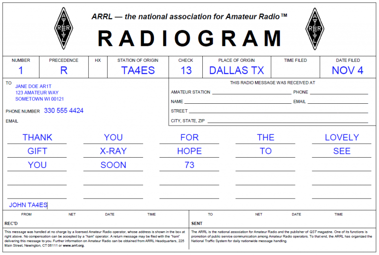 Completed example radiogram.