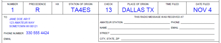 Radiogram with completed header and address part.