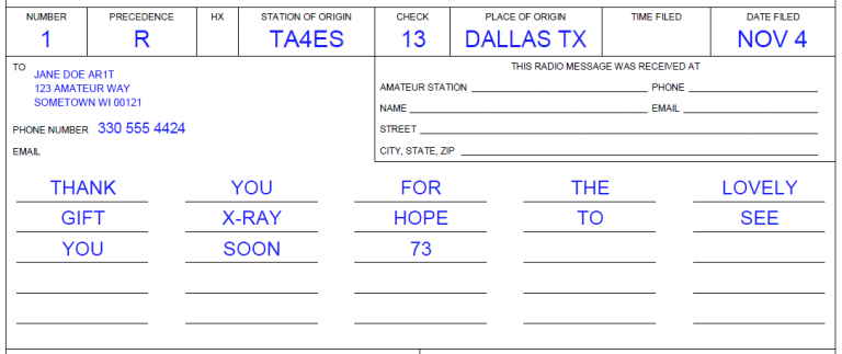 Radiogram with header, address part, and text filled in.