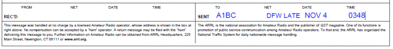 Radiogram's completed SENT information.